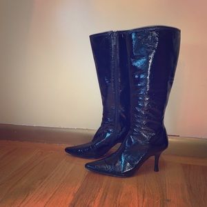 Impo stretch black patent high heeled tall boot